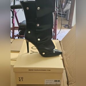 Yoki Black Pointed Stiletto Boot with Silver Accents